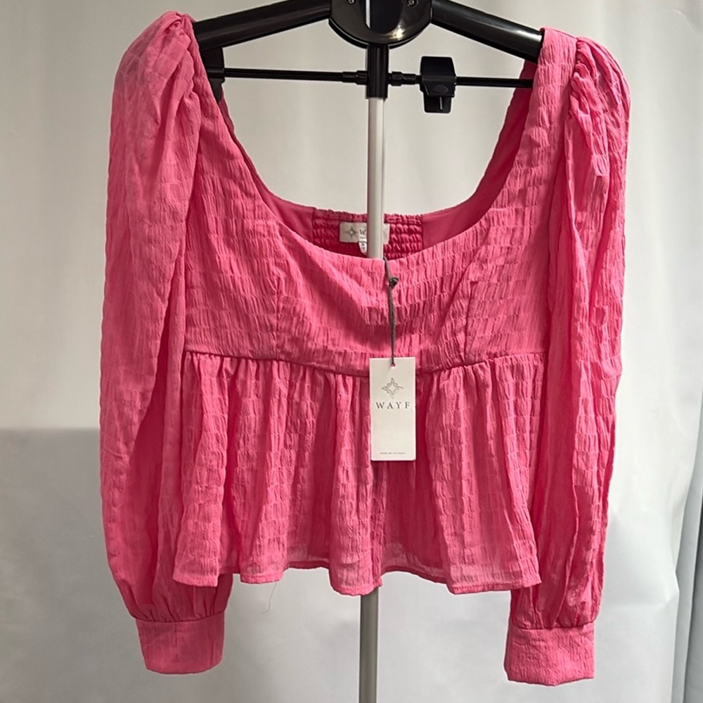 NWT Wayf Pink Smocked Peplum Blouse with Puff Sleeves, ptp 16